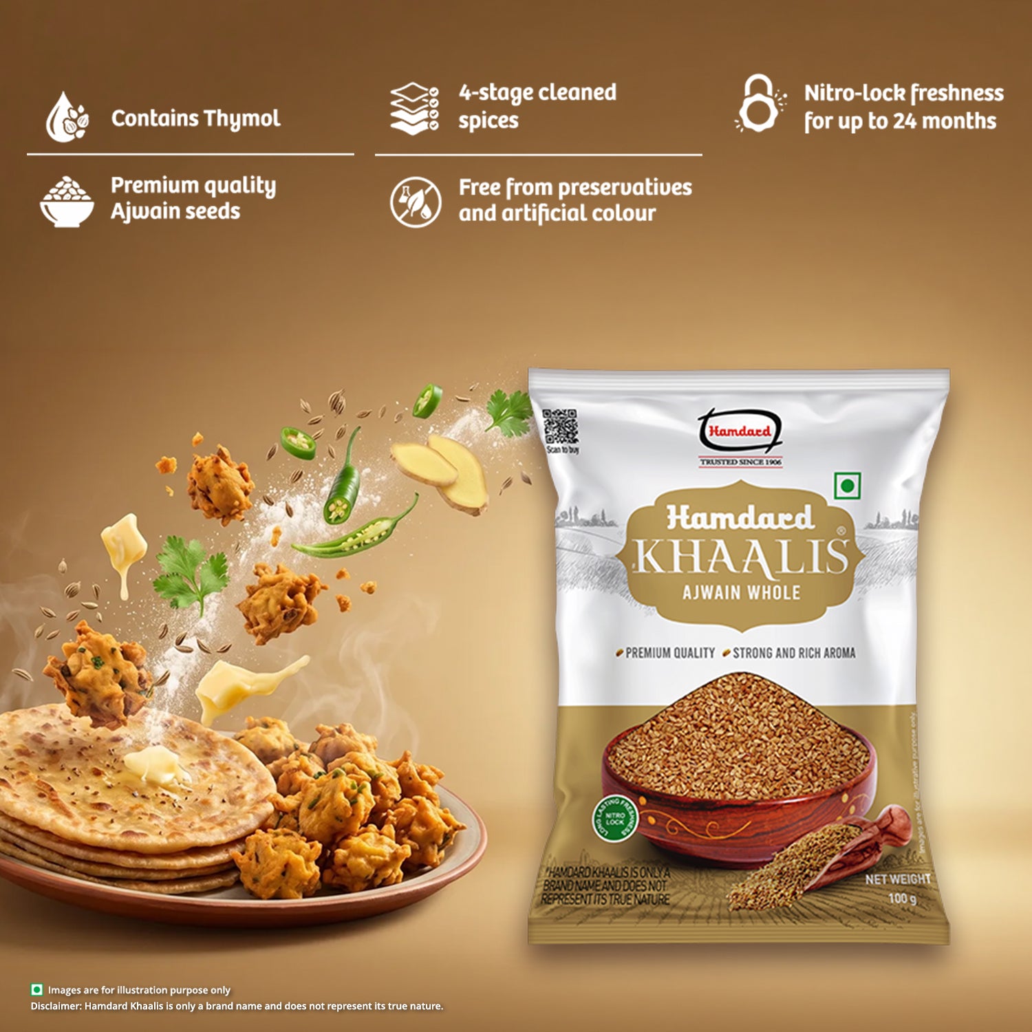100g, 50g hamdard khaalis ajwain whole carom seeds contains thymol no preservatives and premium quality ajwain seeds and free from preservatives