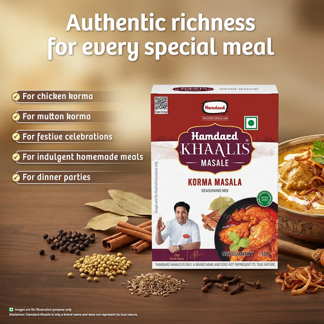 Hamdard Korma Masala 50g premium Indian spice blend for authentic chicken, mutton and vegetable korma recipes, auth, korma masla, kroma masala, kumra masla, premium, indian, khaalis, hamdard, authentic spice mix, masala, chicken masala