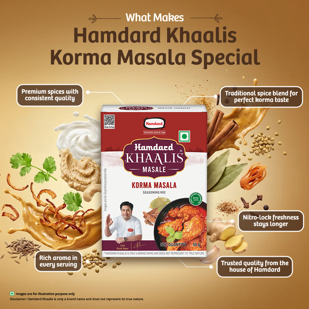 Hamdard Korma Masala 50g premium Indian spice blend for authentic chicken, mutton and vegetable korma recipes, auth, korma masla, kroma masala, kumra masla, premium, indian, khaalis, hamdard, authentic spice mix, masala, chicken masala